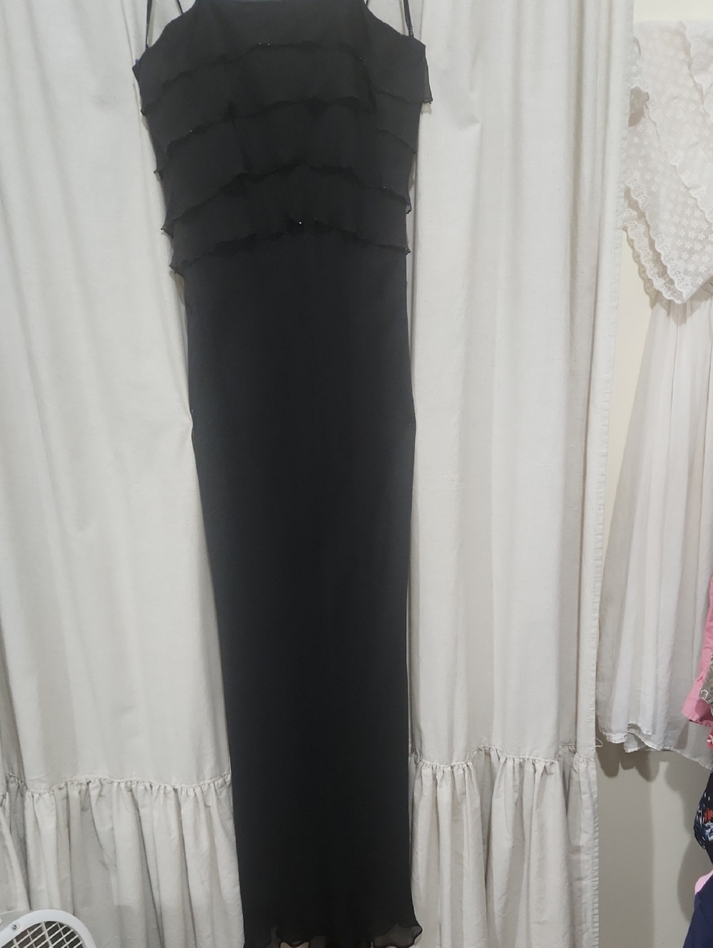 Black Ruffle Tiered Maxi Dress with 100% Silk Underlay, Spaghetti Straps